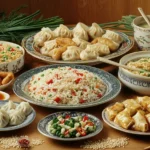 A colorful assortment of easy Chinese food recipes, including fried rice, dumplings, stir-fried noodles, spring rolls, and steamed buns, displayed on traditional Chinese plates with chopsticks, sauces, and fresh herbs on a wooden table.