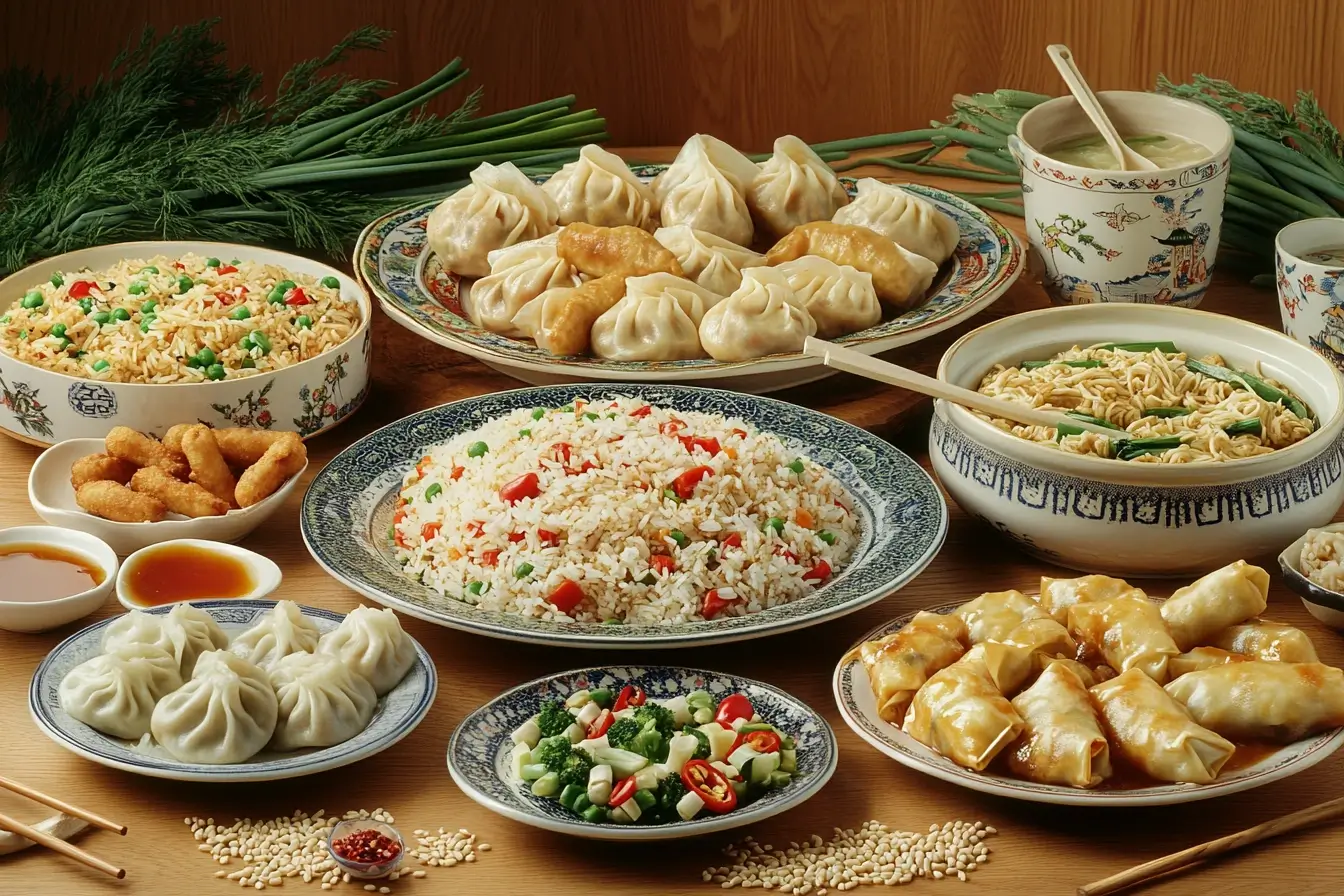 A colorful assortment of easy Chinese food recipes, including fried rice, dumplings, stir-fried noodles, spring rolls, and steamed buns, displayed on traditional Chinese plates with chopsticks, sauces, and fresh herbs on a wooden table.