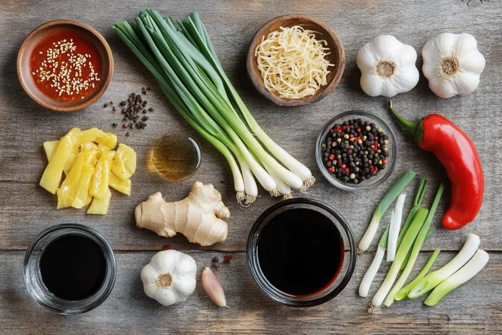 A flat-lay of essential Chinese cooking ingredients, including soy sauce, green onions, garlic, ginger, red chili, sesame oil, dried noodles, and peppercorns, displayed on a rustic wooden table.