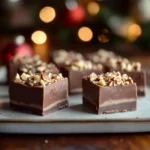 Platter of creamy fantasy fudge squares with a smooth chocolate finish, topped with nuts, displayed on a wooden table with warm holiday décor in the background.