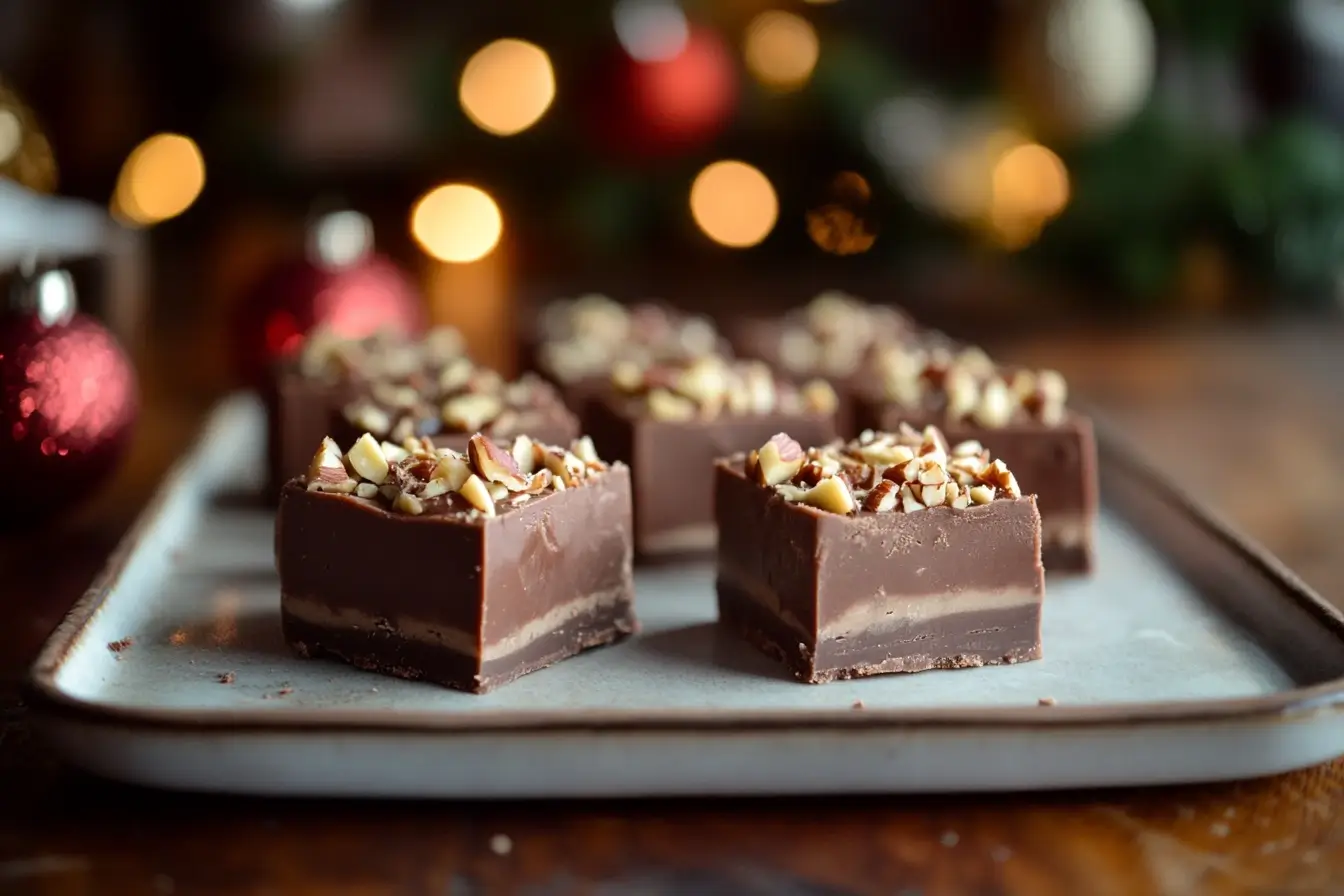 Platter of creamy fantasy fudge squares with a smooth chocolate finish, topped with nuts, displayed on a wooden table with warm holiday décor in the background.