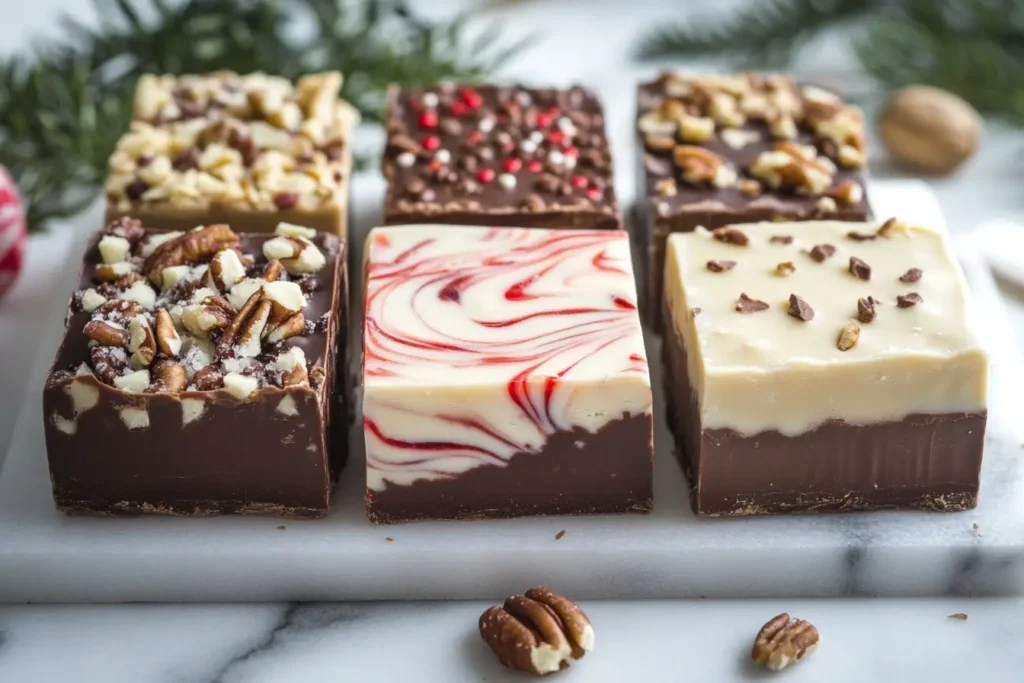 Three types of fantasy fudge on a marble tray: classic chocolate, peanut butter swirl, and white chocolate with crushed peppermint, each topped with matching garnishes.