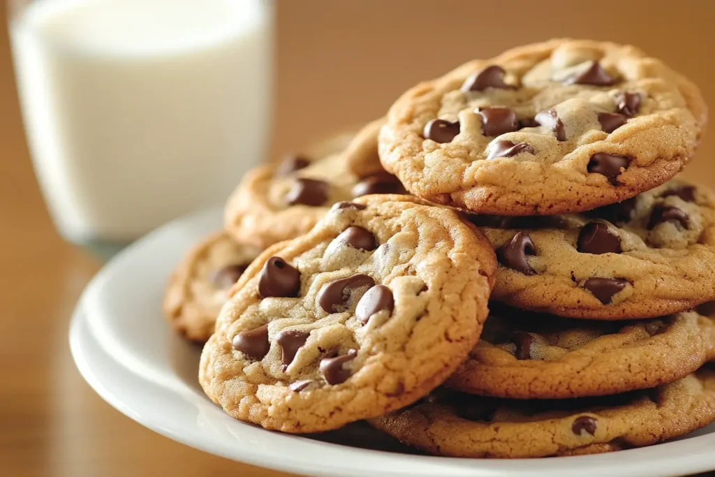 A plate of freshly baked Ghirardelli chocolate chip cookies stacked neatly, with a glass of milk in the background, showcasing their golden-brown edges and gooey chocolate chips.