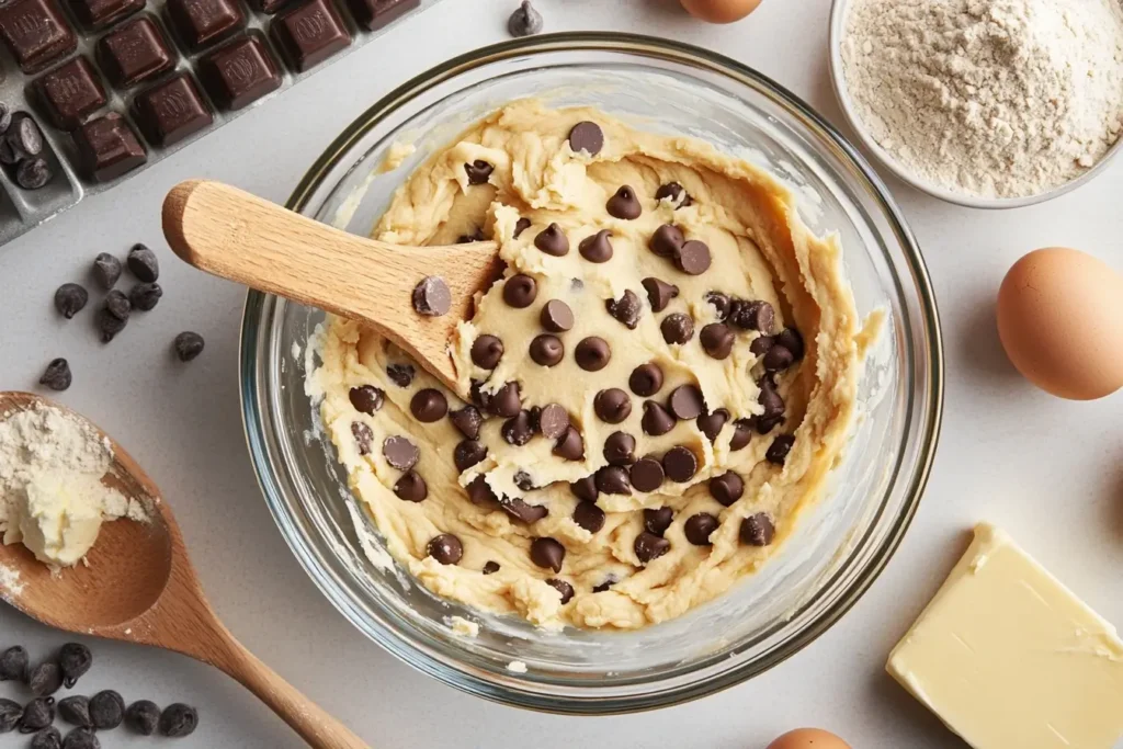  A bowl of creamy cookie dough filled with Ghirardelli chocolate chips, surrounded by baking ingredients like butter, eggs, and flour, ready for baking.