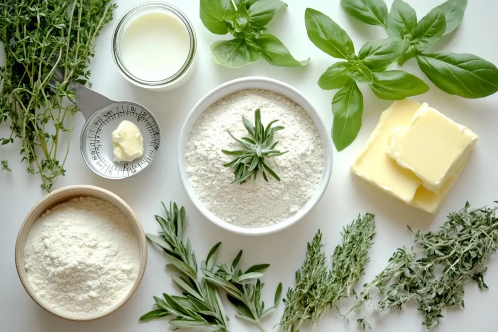 A top-down view of gluten-free biscuit ingredients, including flour, butter, milk, and fresh herbs like basil, rosemary, and thyme, displayed on a light background.