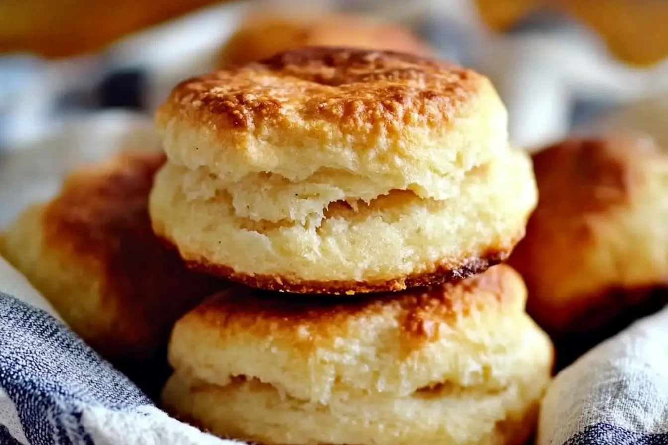 Golden, fluffy gluten-free biscuits stacked on a rustic kitchen towel, showcasing their flaky layers and inviting, homemade texture.