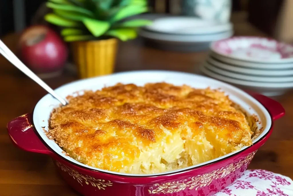 A freshly baked pineapple casserole with a golden, crispy cracker topping, served in a decorative red dish on a wooden table, with plates and decor in the background.