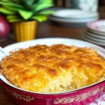 A freshly baked pineapple casserole with a golden, crispy cracker topping, served in a decorative red dish on a wooden table, with plates and decor in the background.