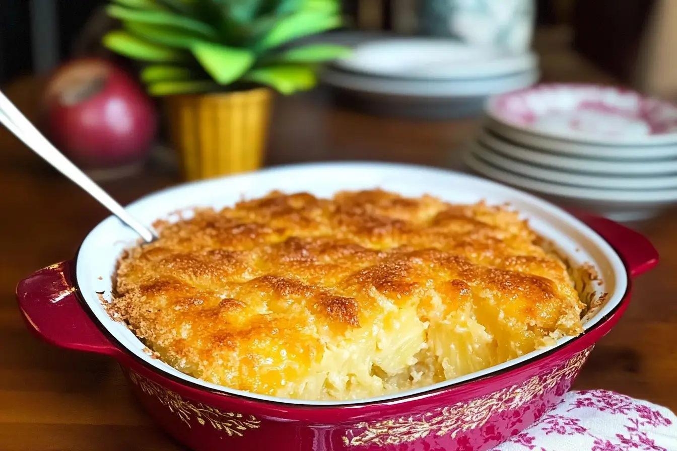 A freshly baked pineapple casserole with a golden, crispy cracker topping, served in a decorative red dish on a wooden table, with plates and decor in the background.