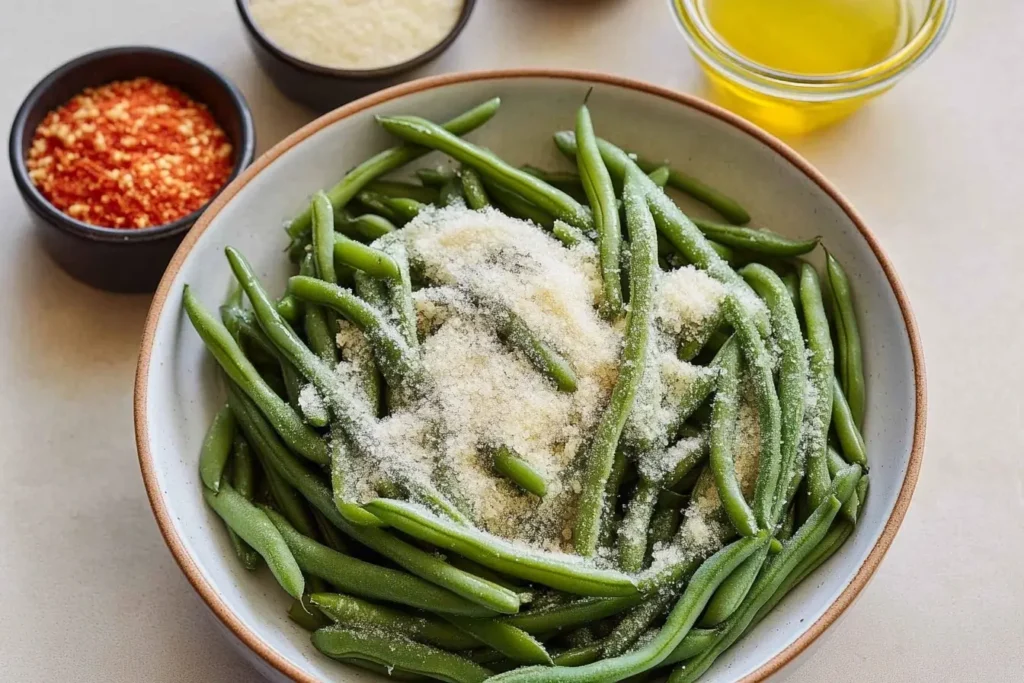 A bowl of cooked green beans topped with grated Parmesan cheese, surrounded by ingredients like chili flakes, olive oil, and seasoning for a flavorful dish.