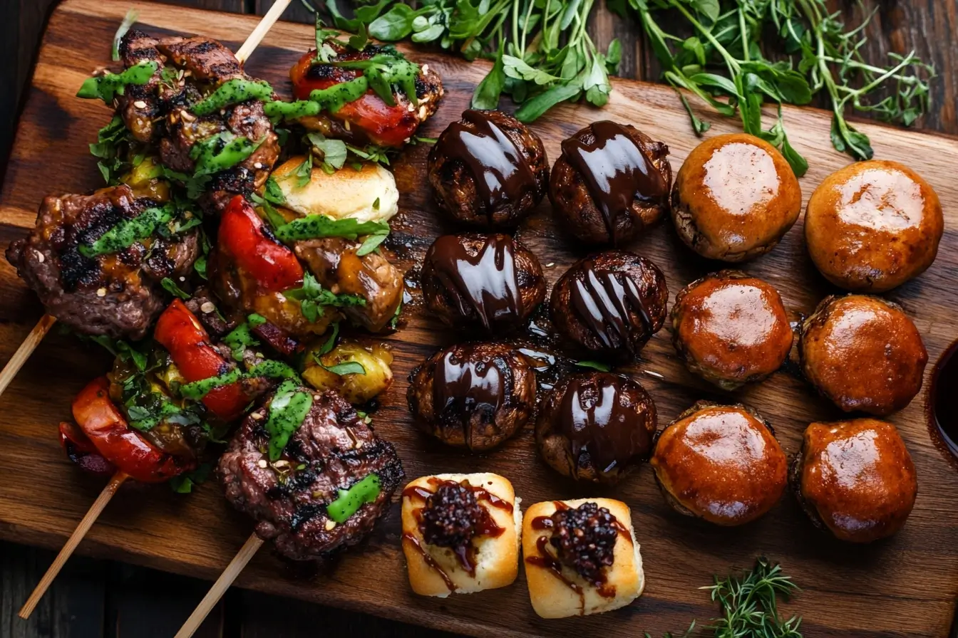 A top-down view of an assortment of bite-sized recipes arranged on a rustic wooden board, featuring mini sliders, stuffed mushrooms, and chocolate-dipped fruit skewers, garnished with fresh herbs and vibrant sauces.