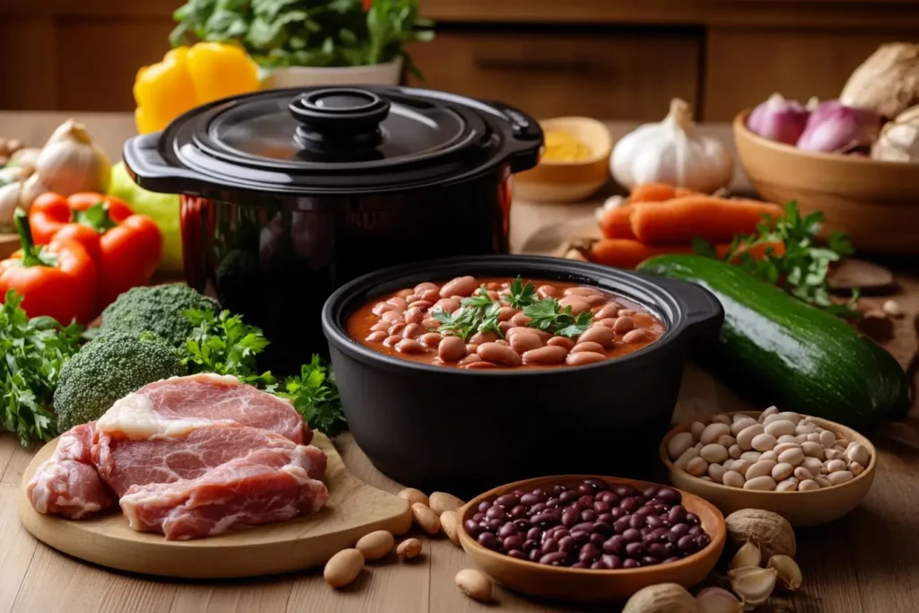 Slow cooker on a rustic kitchen table surrounded by fresh vegetables, beans, and lean meats, ideal for high-protein meal preparation.