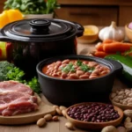 Slow cooker on a rustic kitchen table surrounded by fresh vegetables, beans, and lean meats, ideal for high-protein meal preparation.