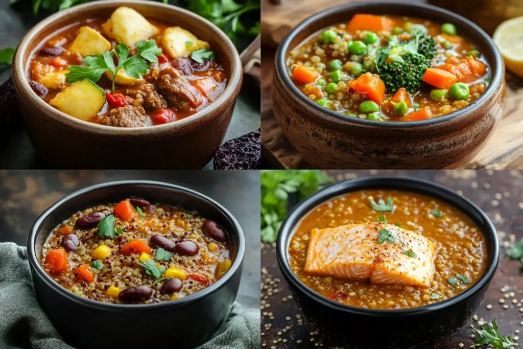 Collage of crock pot dishes including beef chili, chicken quinoa stew, vegan lentil curry, and salmon with vegetables, all served in rustic bowls.