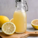 Homemade sour mix stored in a glass swing-top bottle on a wooden board, surrounded by fresh lemon halves and whole lemons, ready for cocktails.