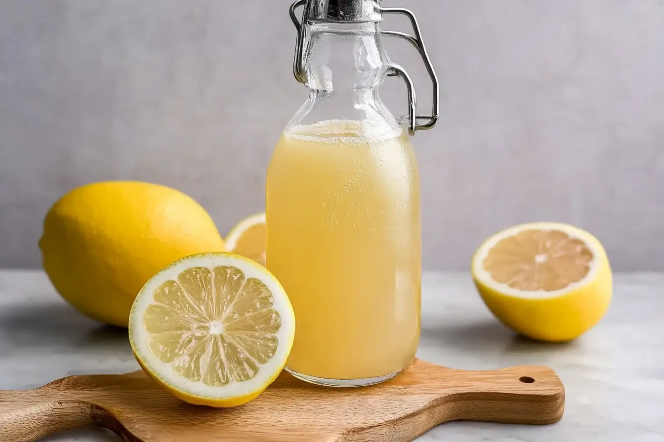 Homemade sour mix stored in a glass swing-top bottle on a wooden board, surrounded by fresh lemon halves and whole lemons, ready for cocktails.