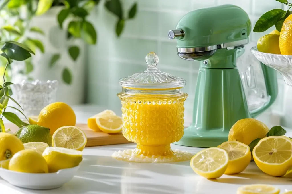 Homemade sour mix in a glass jar with vibrant yellow liquid surrounded by fresh lemons, limes, and a retro green juicer in a sunny kitchen setting. Perfect for cocktail recipes.