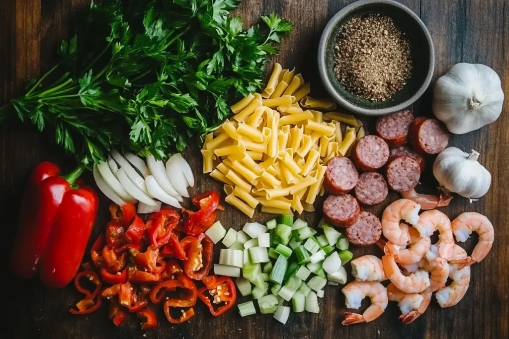 A beautifully styled flat lay of ingredients for a classic pastalaya recipe, featuring pasta, smoked sausage, shrimp, bell peppers, onions, parsley, celery, and garlic on a rustic wooden surface.