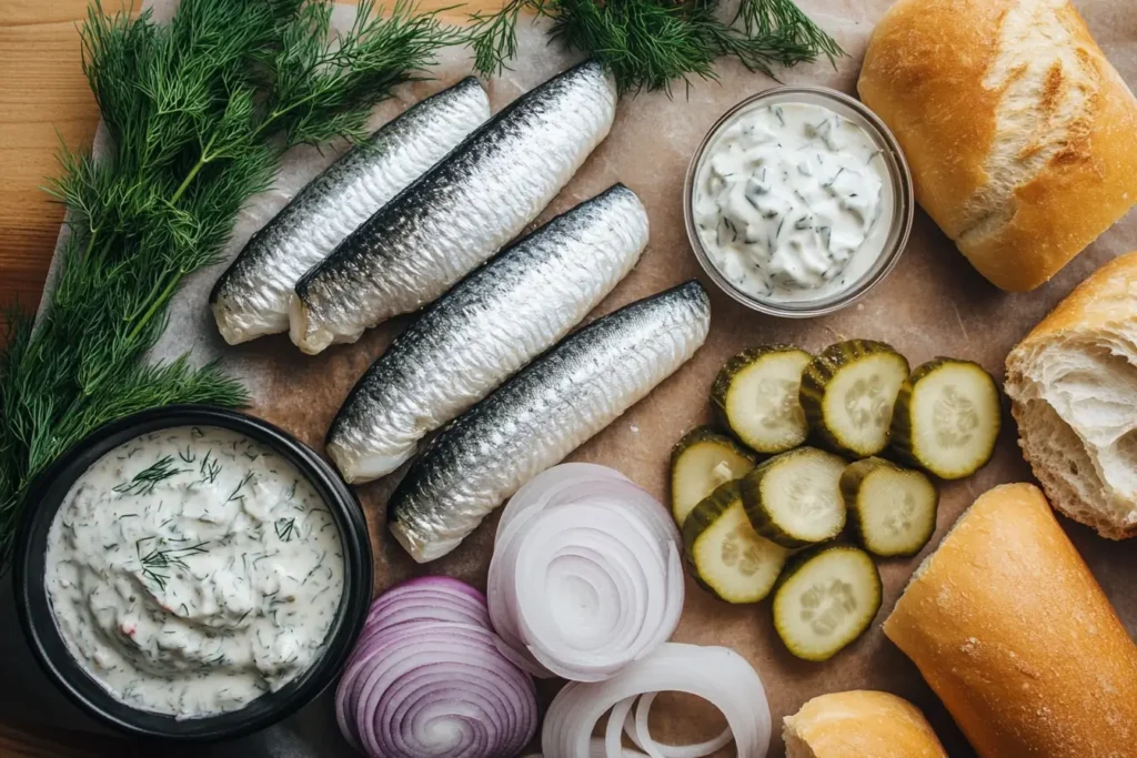 A flat lay of ingredients for the authentic Matjesbrötchen recipe, including Matjes herring, crusty bread rolls, sliced onions, pickles, and dill.