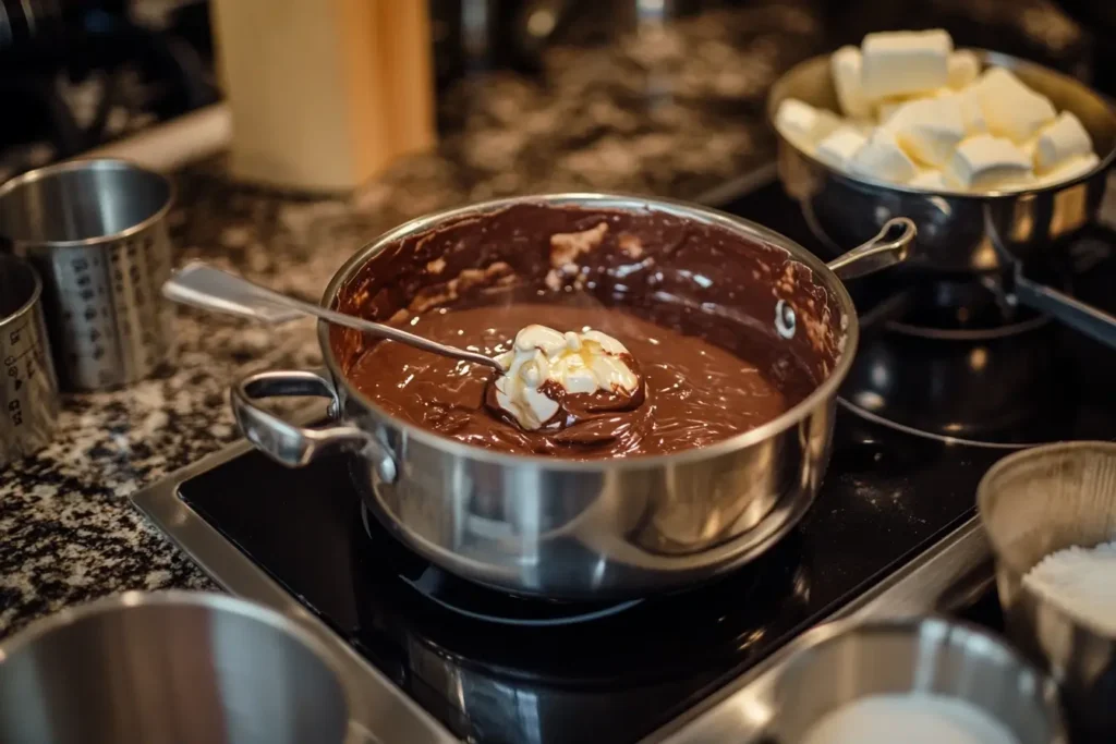 Kitchen scene showing the process of making fantasy fudge, with a pot of melted chocolate and marshmallow creme on the stove, surrounded by ingredients like butter, sugar, and measuring cups.