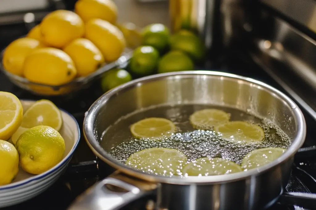 Close-up of a saucepan on the stove with water, sugar, and lemon slices simmering to create homemade sour mix, surrounded by fresh lemons and limes