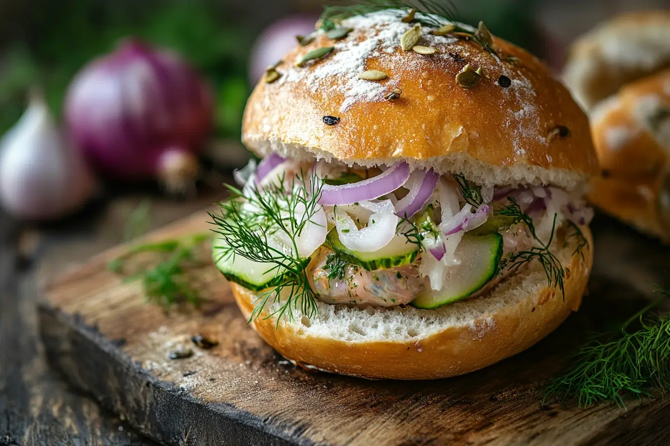 A beautifully presented authentic Matjesbrötchen recipe on a wooden board, showcasing Matjes herring, onions, and pickles with a seaside market background.