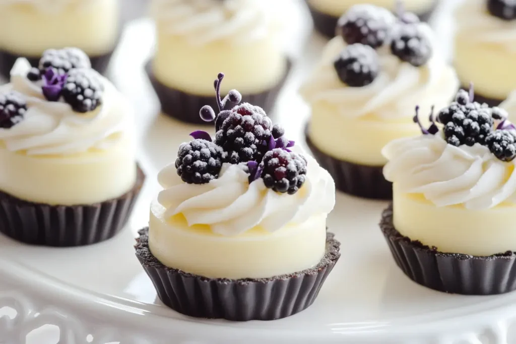 Bite-sized mini cheesecakes with chocolate crusts, topped with whipped cream, fresh blackberries, and a dusting of powdered sugar, elegantly displayed on a white dessert stand.