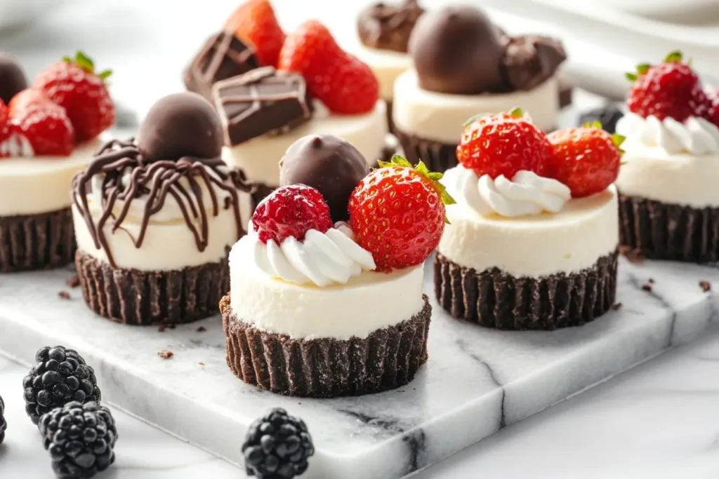 Mini cheesecakes topped with fresh strawberries, whipped cream, chocolate truffles, and drizzle, arranged on a marble platter for an elegant dessert presentation.