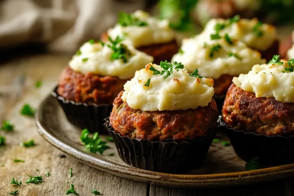 Mini meatloaf muffins topped with creamy mashed potatoes and garnished with fresh parsley, served on a rustic plate for a comforting dinner presentation.