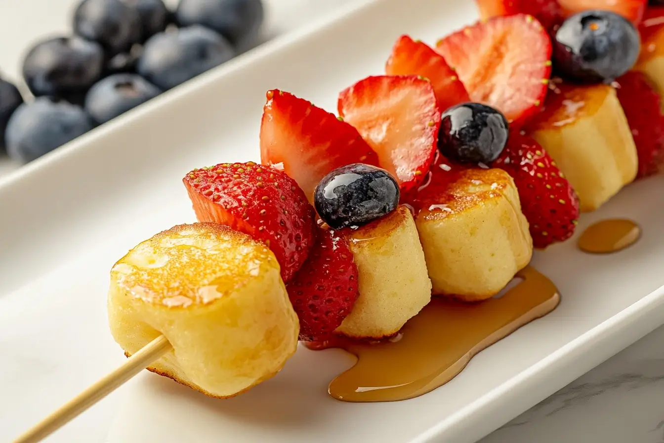 Mini pancake skewers with fluffy golden pancakes, fresh strawberries, blueberries, and a drizzle of maple syrup, served on a white plate for a vibrant breakfast presentation.