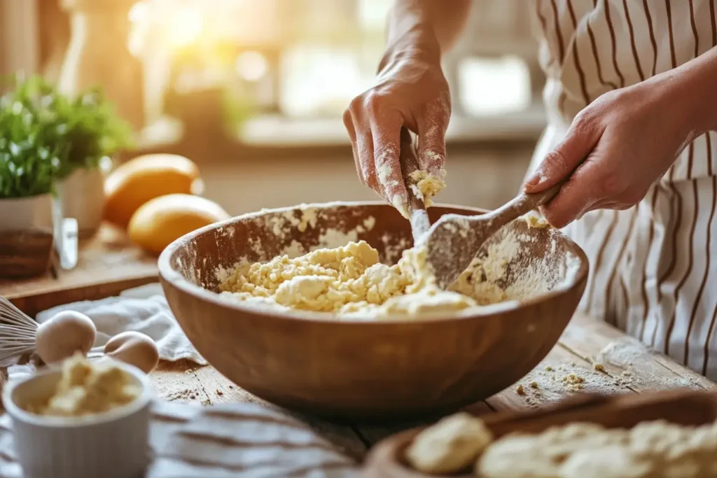 Close-up of hands mixing gluten-free biscuit dough in a wooden bowl, with a rustic kitchen setting and natural sunlight streaming in, creating a warm, inviting atmosphere.