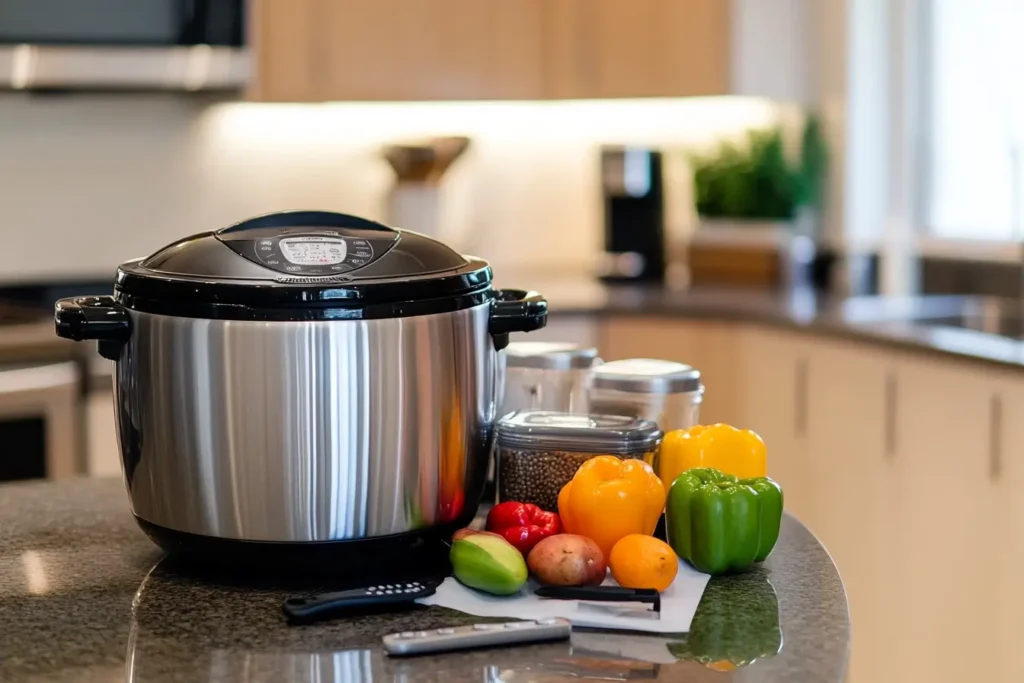 Modern crock pot with essential cooking tools like silicone liners and food thermometers on a kitchen countertop.