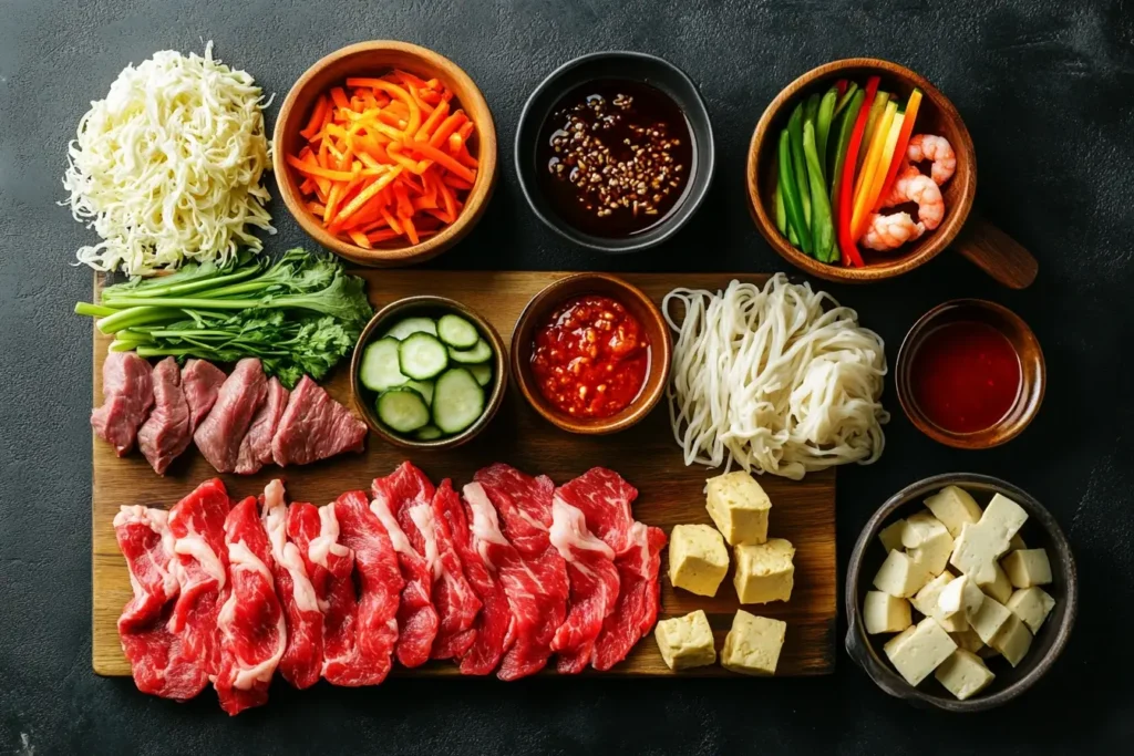 A flat lay of Mongolian BBQ ingredients, including thinly sliced beef, shrimp, tofu, fresh vegetables, noodles, and sauces in wooden bowls, displayed on a cutting board.