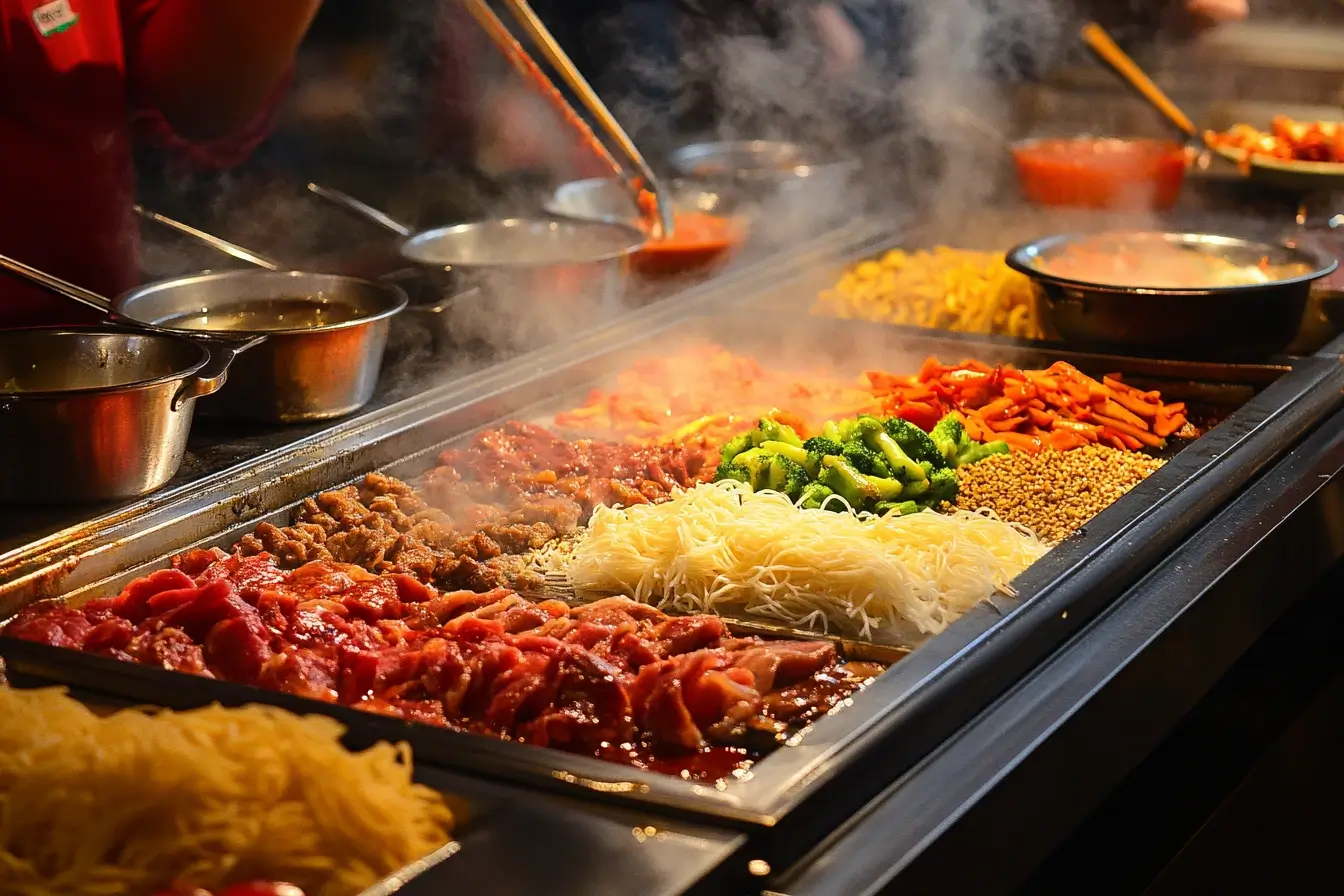 A sizzling Mongolian BBQ grill featuring colorful sliced meats, fresh vegetables, and noodles, with steam rising and sauces in the background.