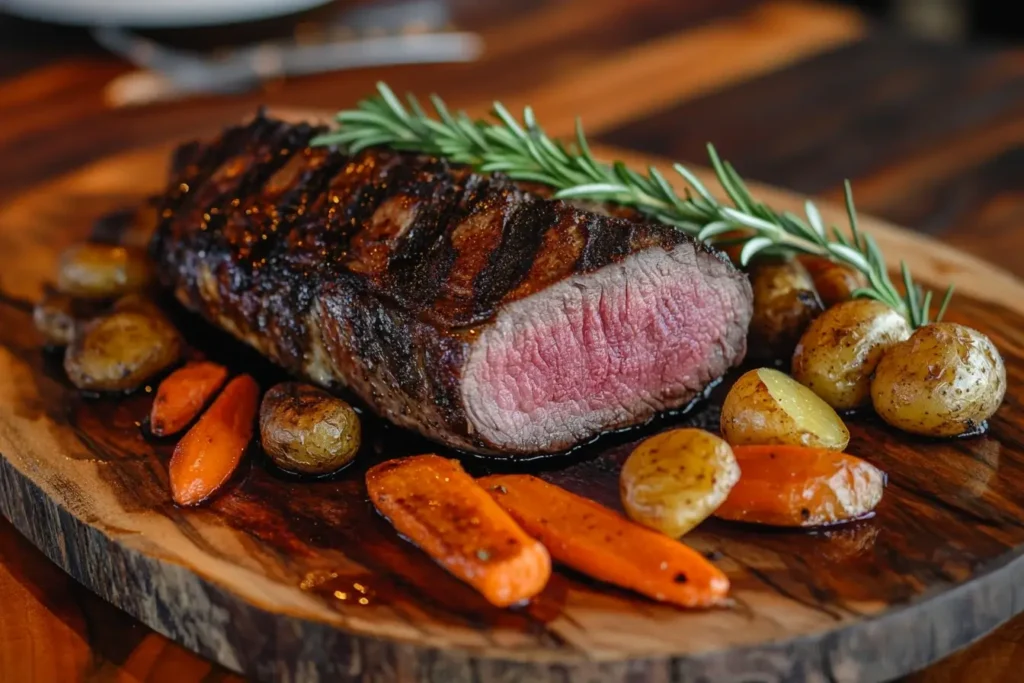 Juicy and tender venison roast sliced on a wooden platter, surrounded by roasted baby potatoes and carrots, garnished with a sprig of fresh rosemary.