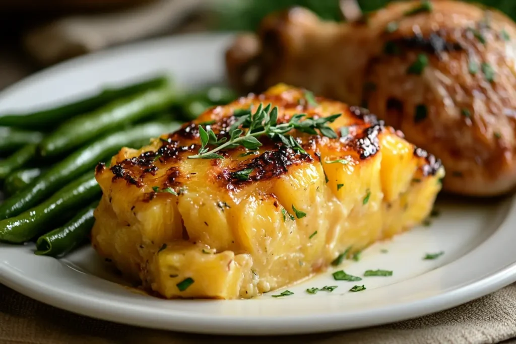 A slice of pineapple casserole served on a white plate, garnished with fresh herbs, accompanied by green beans and roasted chicken.