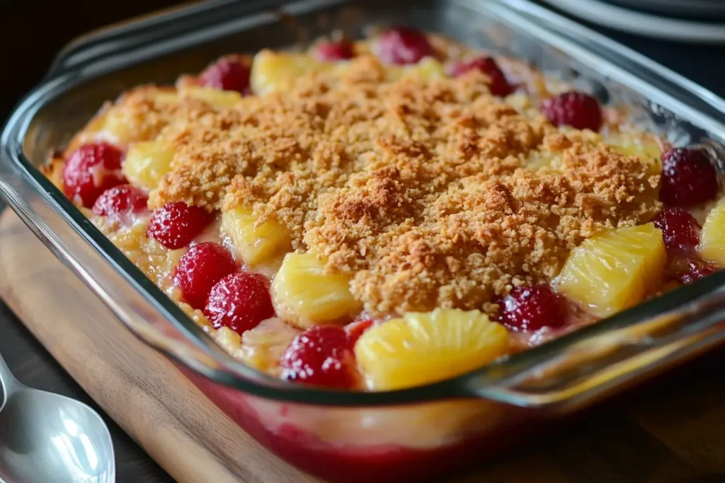 A tropical variation of pineapple casserole featuring golden cracker topping, pineapple chunks, and fresh raspberries in a glass baking dish on a wooden surface.