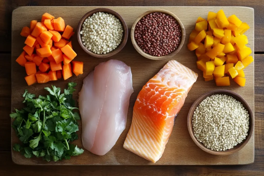 High-protein ingredients such as chicken, salmon, lentils, quinoa, and vegetables displayed on a wooden cutting board for slow cooker recipes.