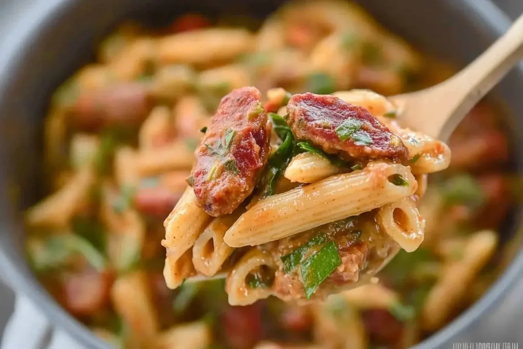 A close-up of a spoonful of classic pastalaya, showcasing penne pasta, smoked sausage, fresh herbs, and a rich Cajun sauce.