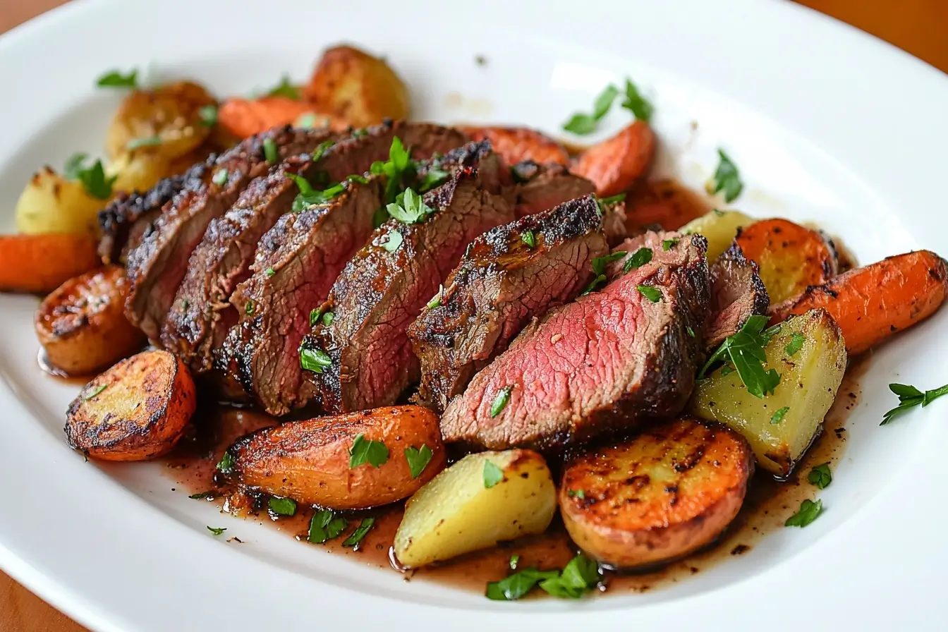 Succulent slices of venison roast served on a white plate with roasted carrots, baby potatoes, and a drizzle of savory gravy, garnished with fresh parsley.