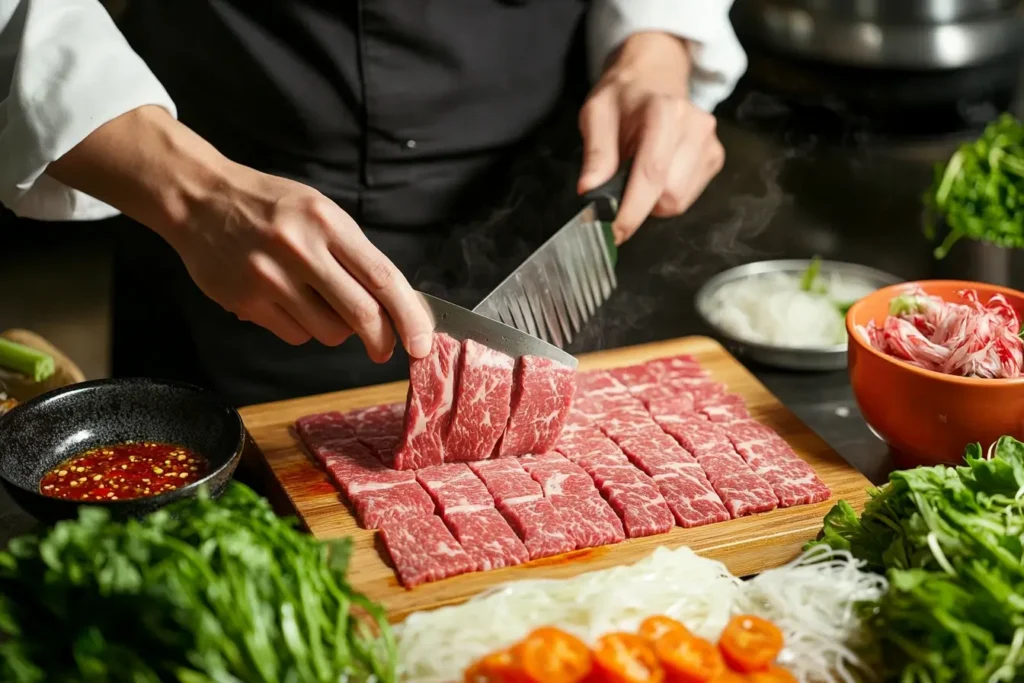 A chef slicing fresh beef into thin, even pieces on a wooden cutting board, surrounded by vegetables, noodles, and sauce bowls for Mongolian BBQ Recipe preparation.