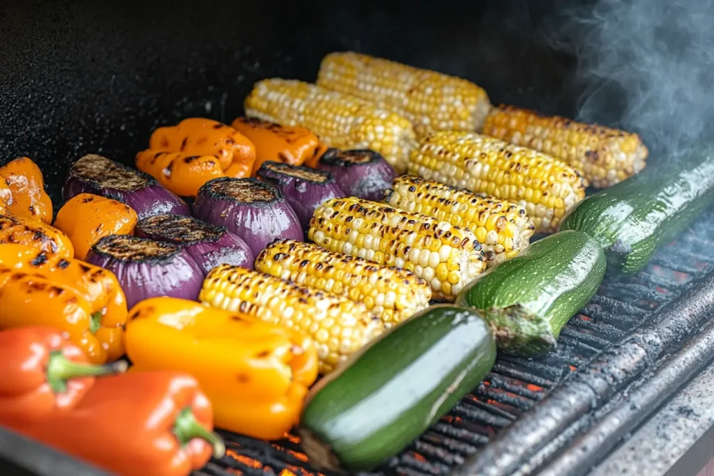  A vibrant assortment of smoked vegetables, including zucchini, Explore More Delicious Recipes
Want to take your smoking skills to the next level? These recipes will help you create mouthwatering meals:

Master the Art of Traeger Recipes – Unlock the secrets to perfectly smoked meats and veggies.
Pit Boss Recipes Guide – A must-read for anyone who loves pellet grilling.
Boneless Prime Rib Recipe Guide – A flavorful and juicy cut of meat perfect for smoking., corn, and eggplant, cooking on a pellet smoker with visible smoke.