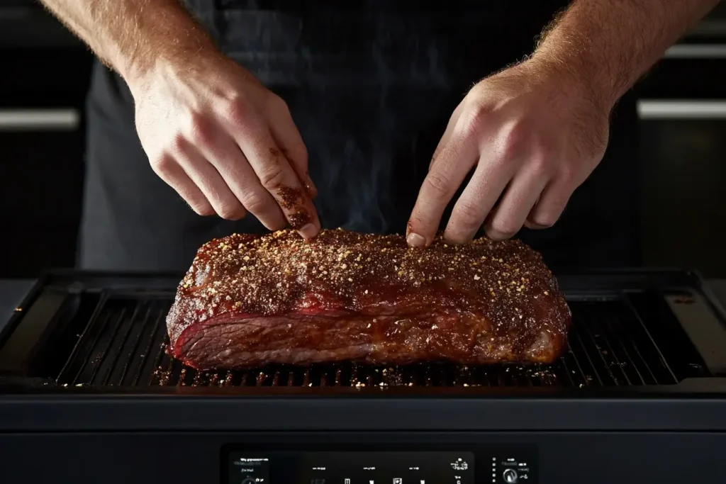 Hands preparing a brisket with a dry rub, placing it on a Pellet Smoker Recipes, and adjusting digital temperature settings, highlighting proper smoking techniques.