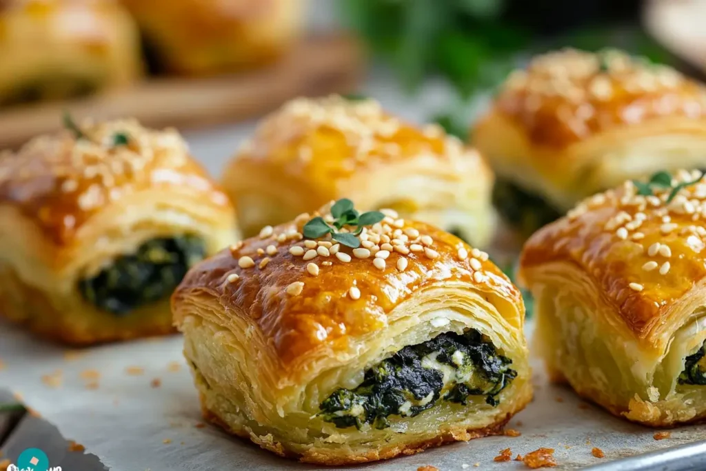 Golden, flaky bite-sized spinach and feta pastries topped with sesame seeds and garnished with fresh thyme, displayed on parchment paper.