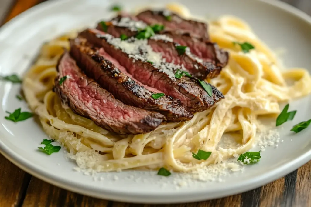 A gourmet dish of steak and pasta featuring medium-rare steak slices atop creamy fettuccine Alfredo, garnished with parsley and Parmesan, served on a white plate.