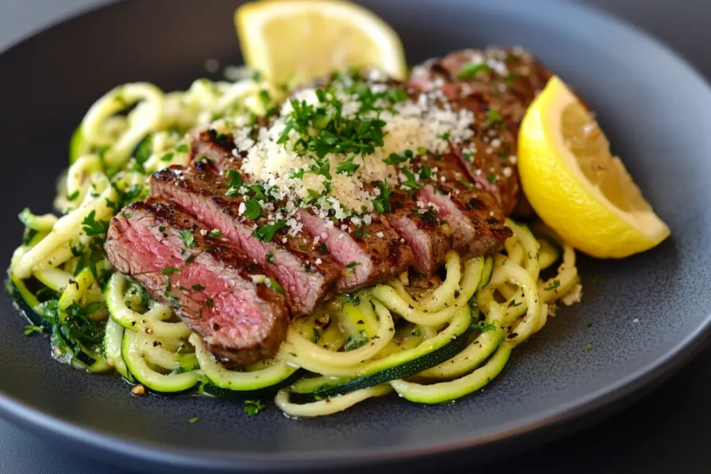 Steak and zucchini noodles served in a light garlic butter sauce, garnished with Parmesan and a lemon wedge on a modern plate.