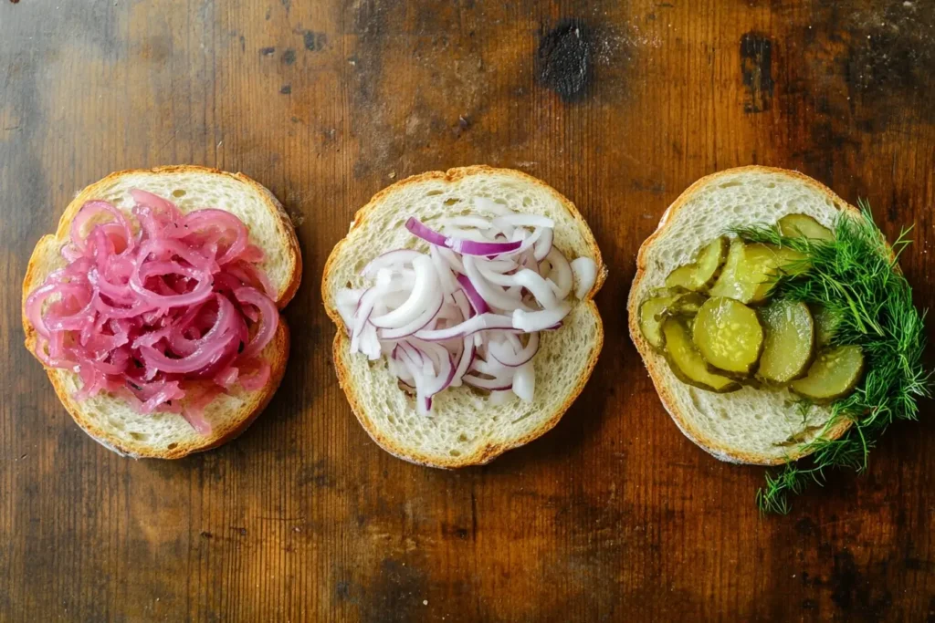 Step-by-step visuals of assembling the authentic Matjesbrötchen recipe: slicing bread, layering Matjes herring and pickles, and garnishing with onions and dill.