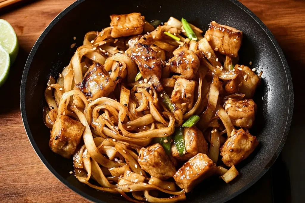 A delicious plate of stir-fried Asian noodles with tender chicken cubes, fresh green onions, and sesame seeds, served in a wok-style dish, perfect for quick and flavorful meals.