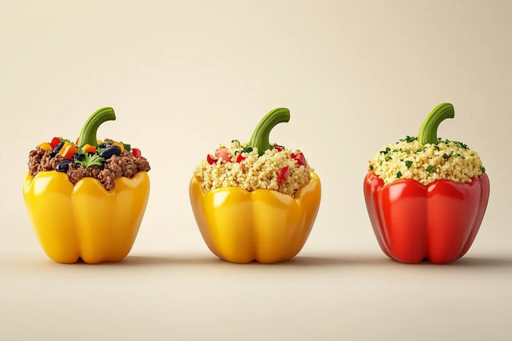 A trio of stuffed bell peppers showcasing classic, vegetarian, and low-carb variations with colorful and unique fillings.