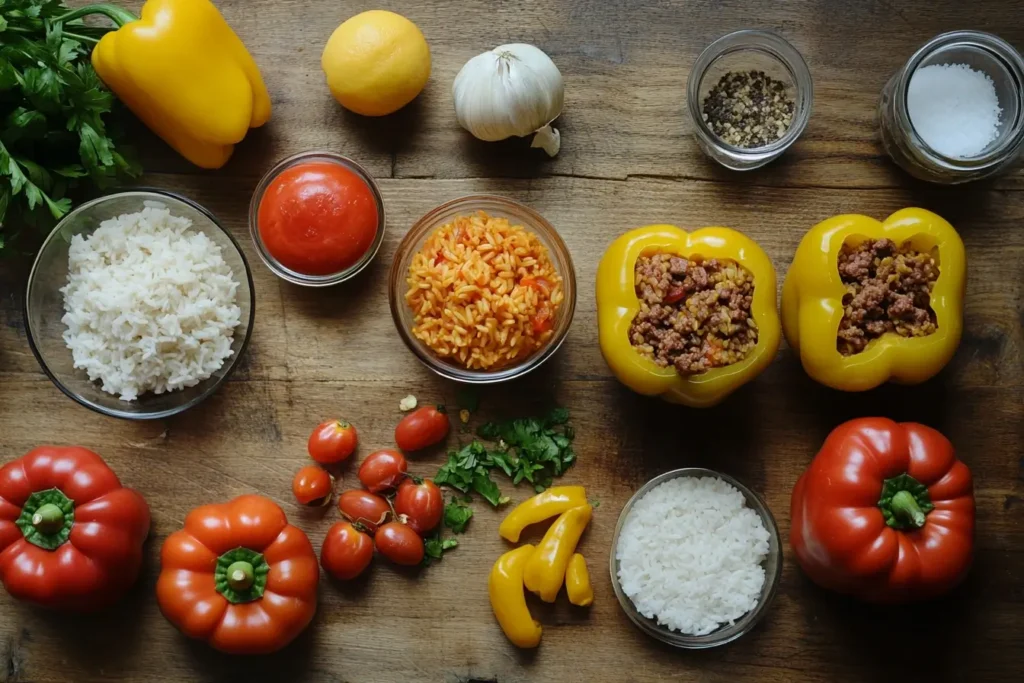 A visual guide to preparing old-fashioned stuffed bell peppers, showing hollowed peppers, mixed filling, and arranged ingredients.